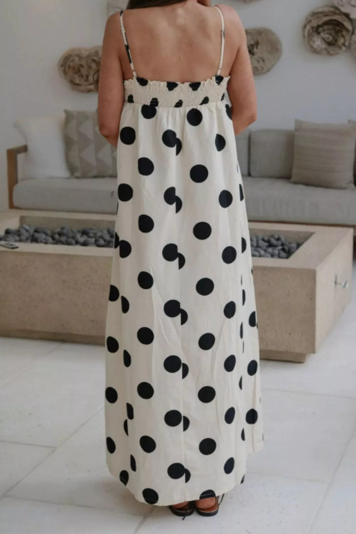 Polka dot smocked spaghetti strap maxi dress