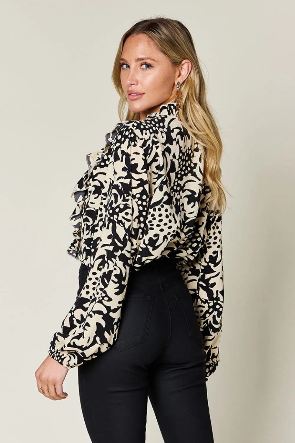 Printed balloon sleeve button-down shirt with ruffle trim