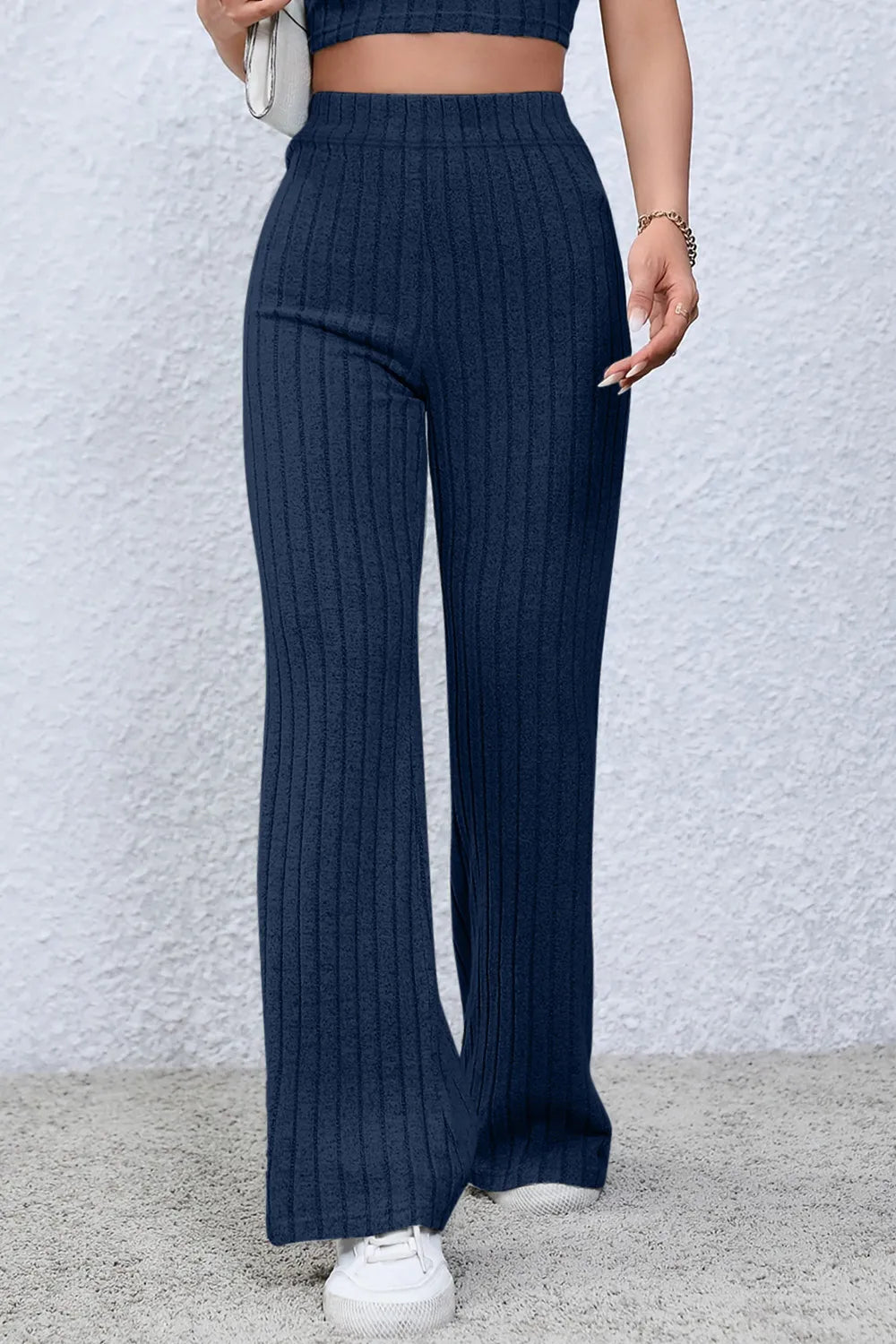 Ribbed knit high-waist flare pants with pull-on waist