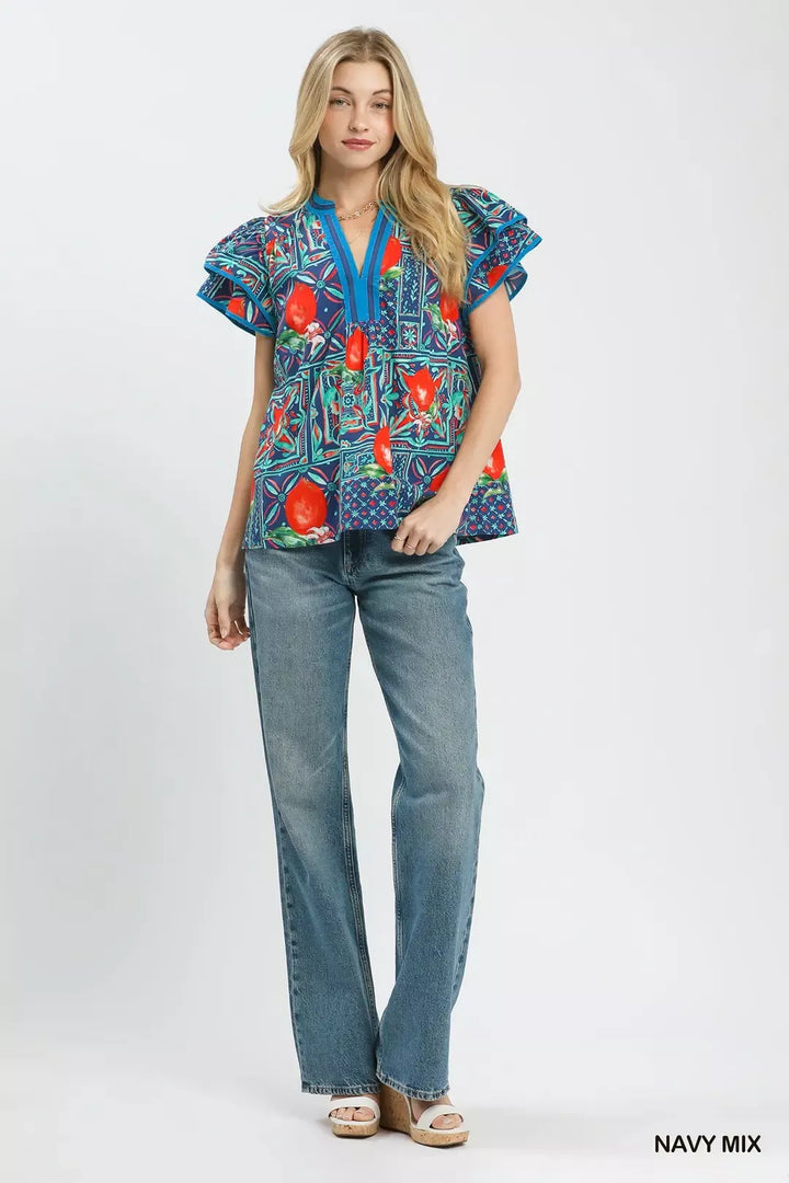 Abstract tile print flutter sleeve blouse with split V-neck