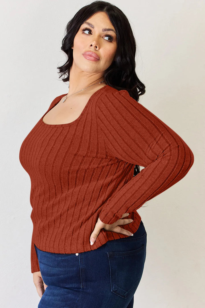 Ribbed scoop neck long sleeve fitted top