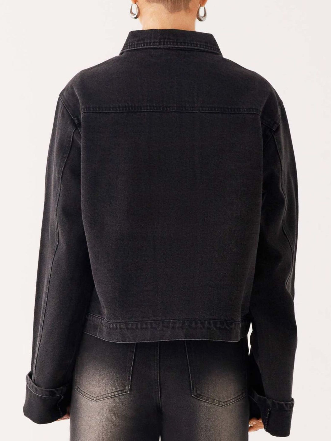 Oversized cropped denim jacket with chest flap pockets