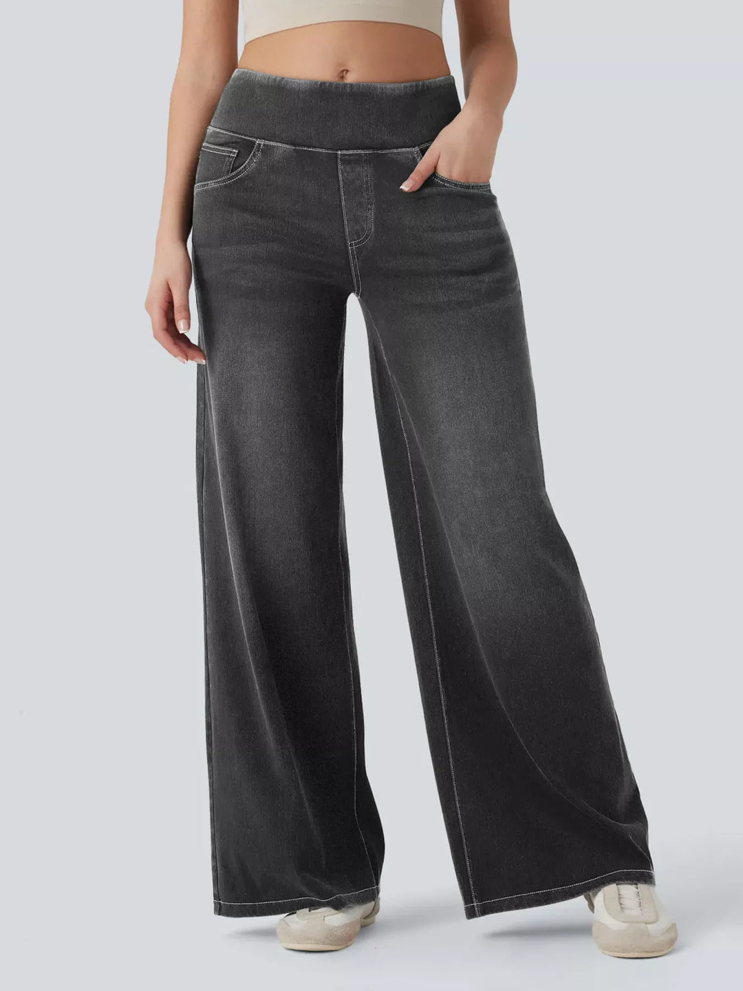 Grey High-rise pull-on wide leg jeans with side pockets