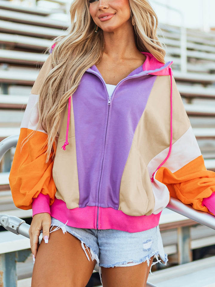 Color block zip-up hoodie with drawstring hood