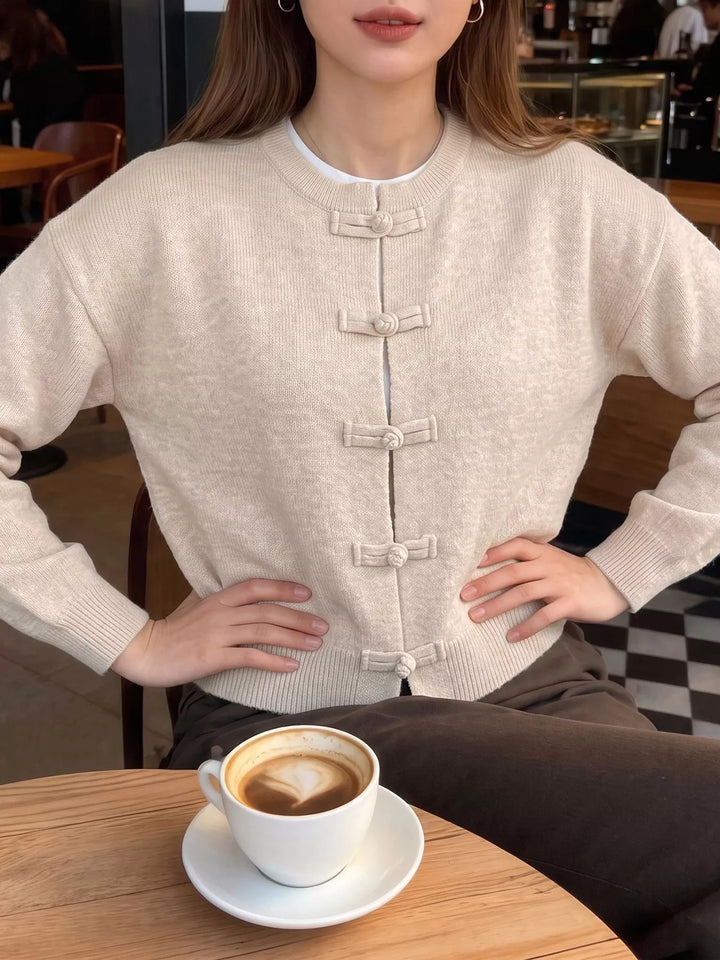 Knot button dropped shoulder knit cardigan