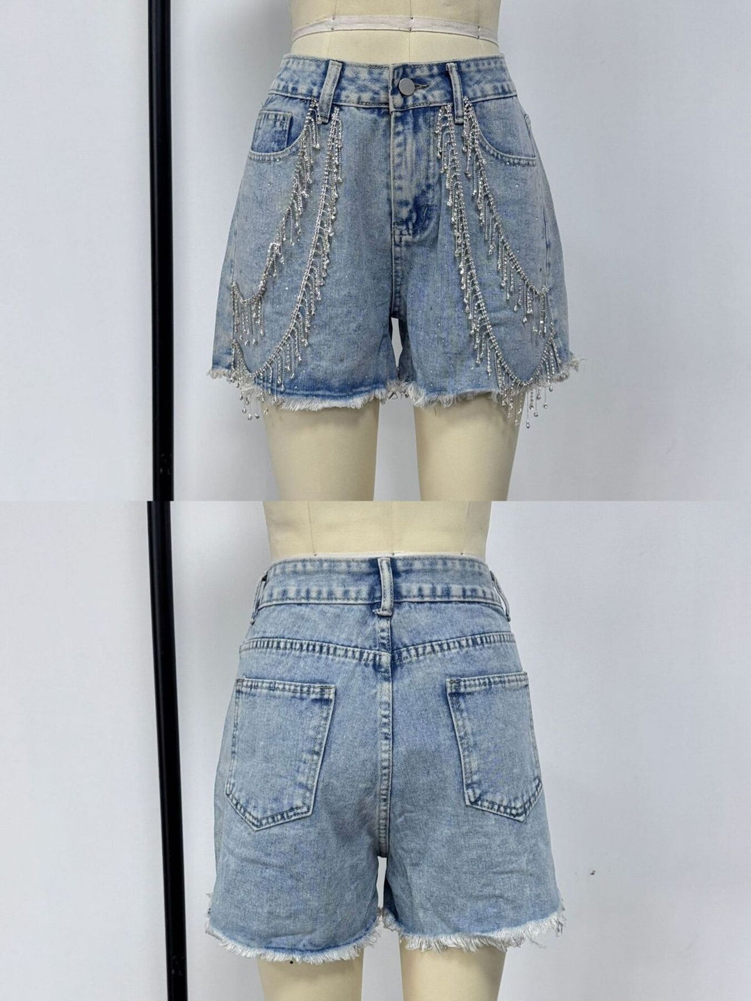 Rhinestone fringe high-rise raw hem denim shorts