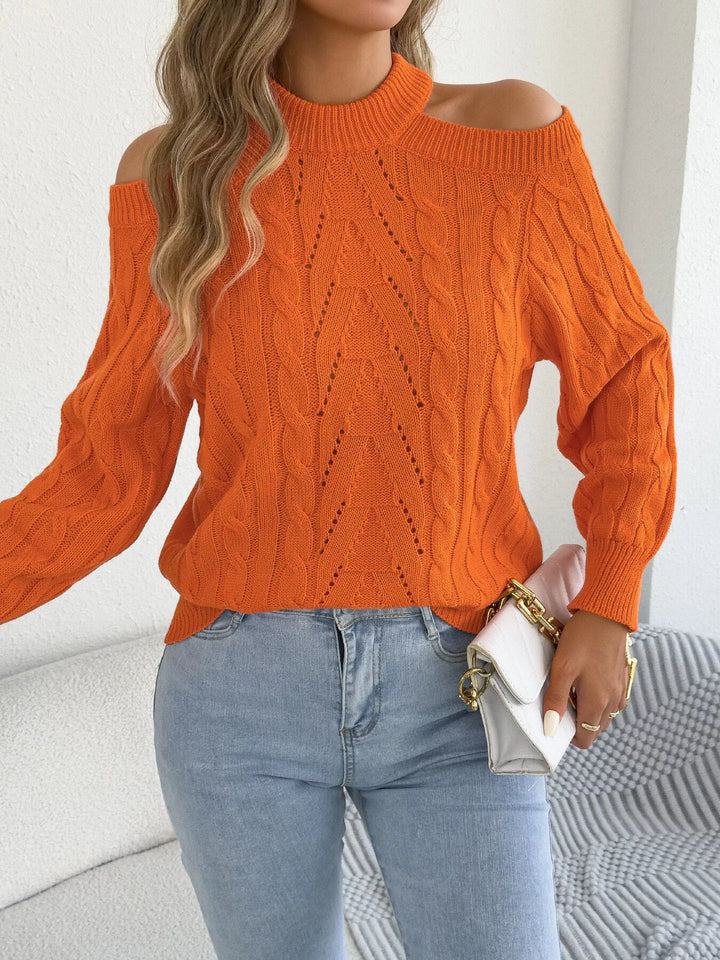 Cold shoulder cable knit mock neck sweater