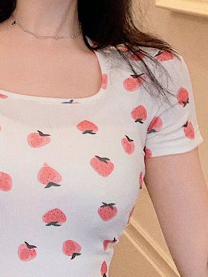 All-over fruit print square-neck crop top