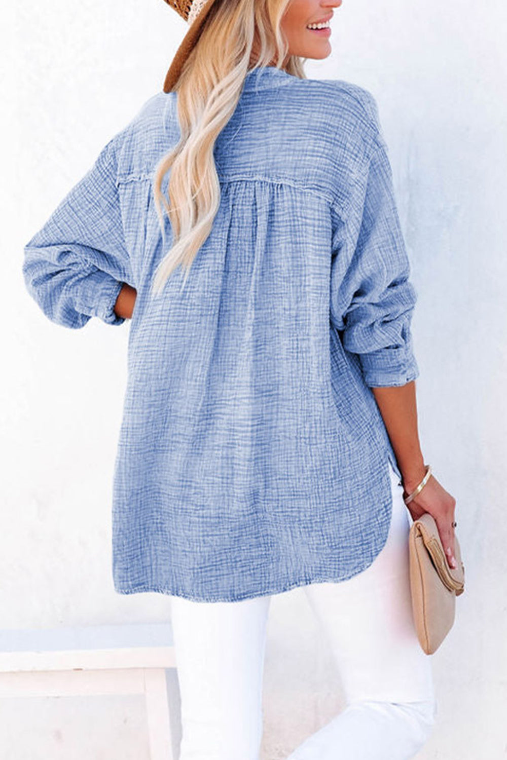 Textured cotton blouse with half-button placket and long sleeves