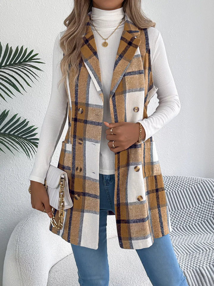 Khaki Plaid double-breasted longline vest coat with notched lapel