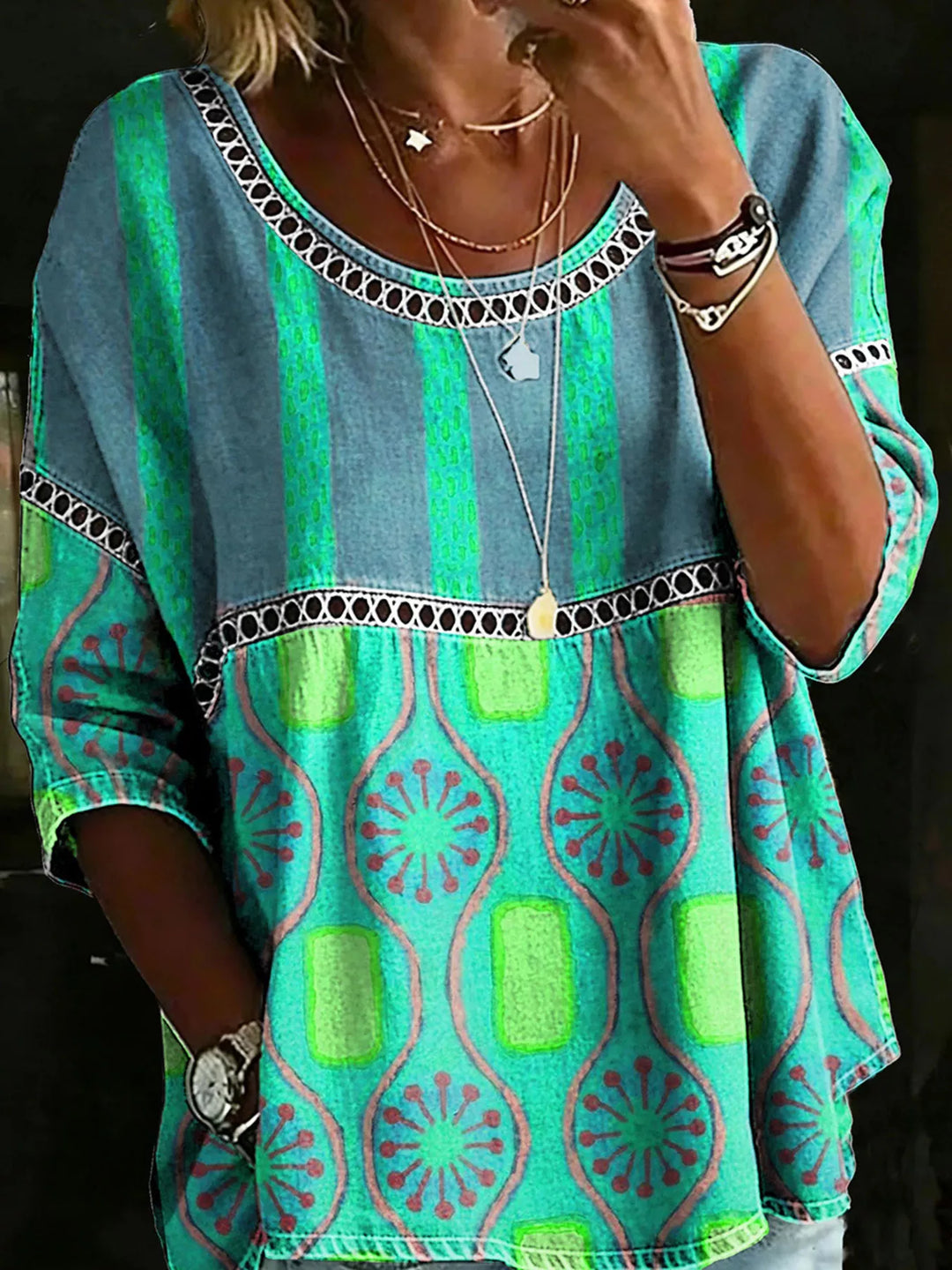 Green Floral print crochet-trim tunic top with 3/4 sleeves