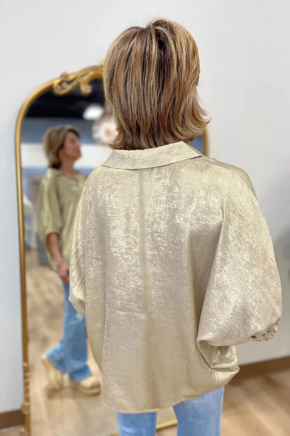 Metallic sheen johnny collar blouse with 3/4 puff sleeves
