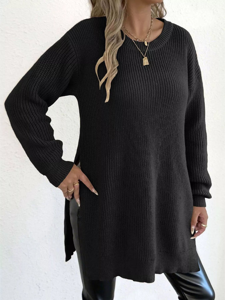 Black Side-slit ribbed knit tunic sweater with drop shoulders
