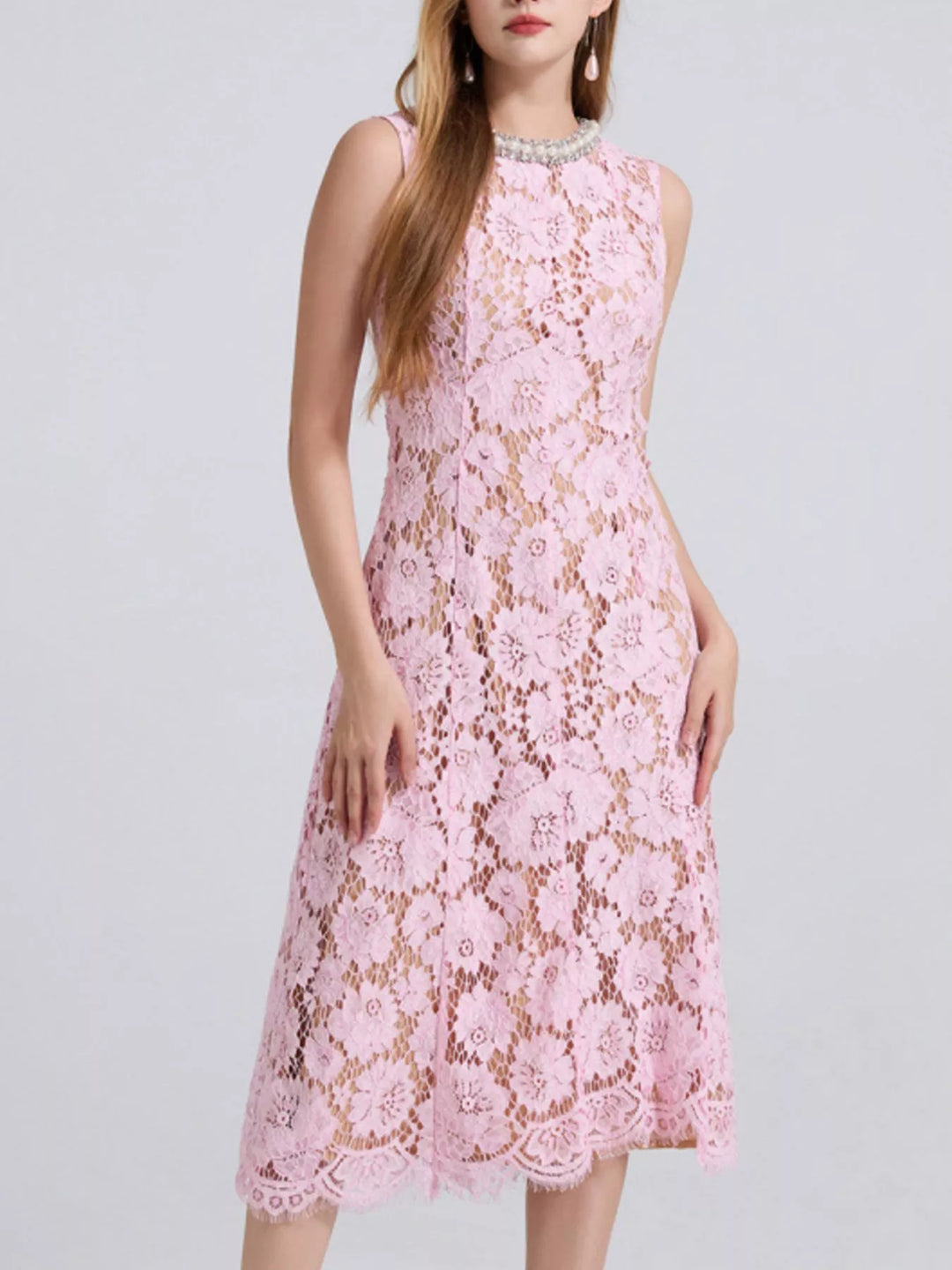 Pink Sleeveless floral lace midi dress with pearl neckline