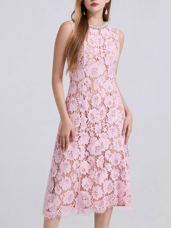 Pink Sleeveless floral lace midi dress with pearl neckline