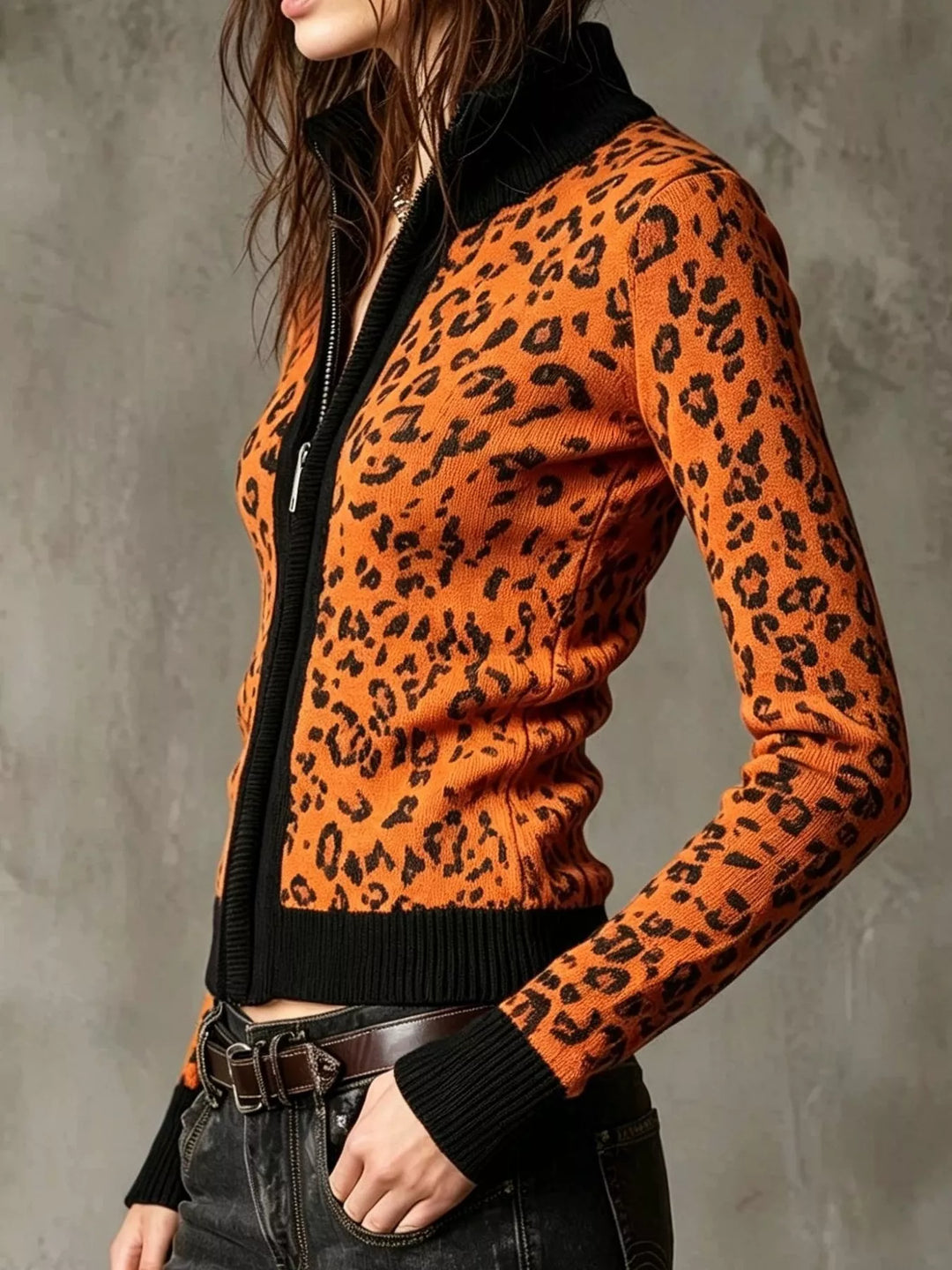 Leopard print zip-up knit cardigan with ribbed trim