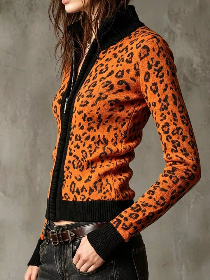 Leopard print zip-up knit cardigan with ribbed trim