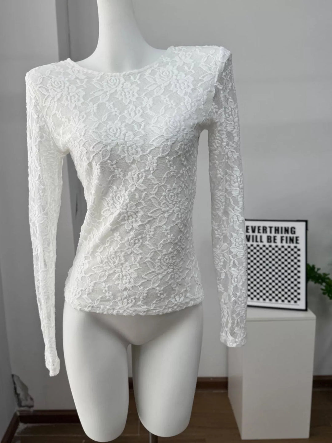 Sheer floral lace round neck long sleeve top