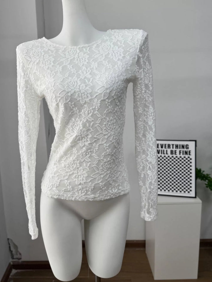 Sheer floral lace round neck long sleeve top