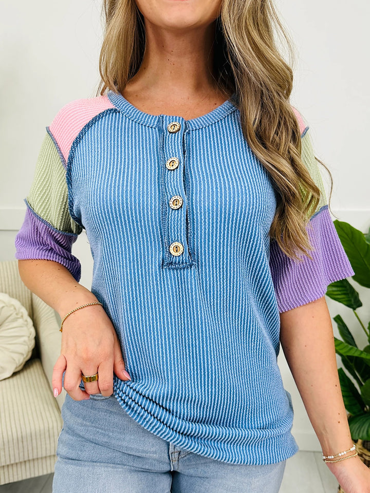 Sky Blue Color-block ribbed henley top with wood button placket