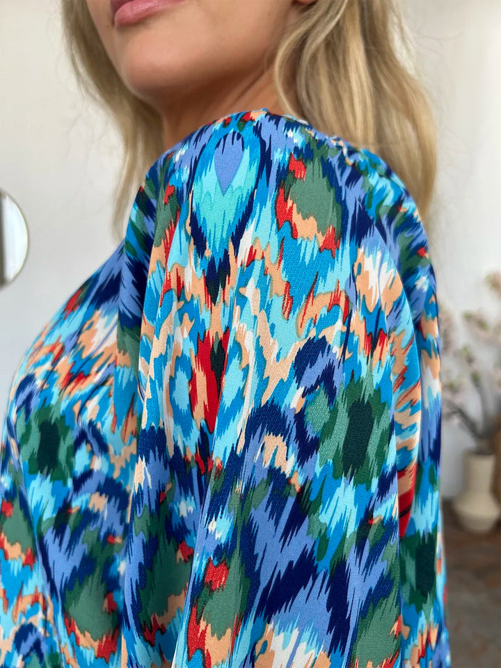 Abstract print balloon sleeve blouse with split neck