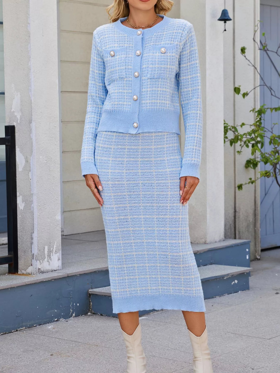 Pearl button plaid knit cardigan and midi skirt set