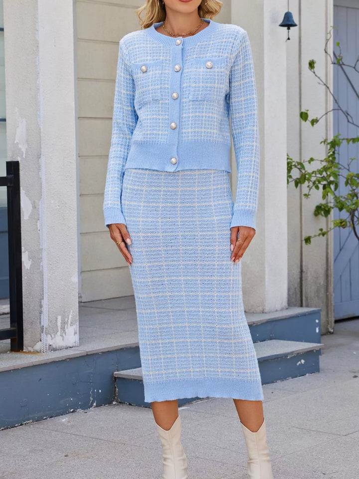 Pearl button plaid knit cardigan and midi skirt set