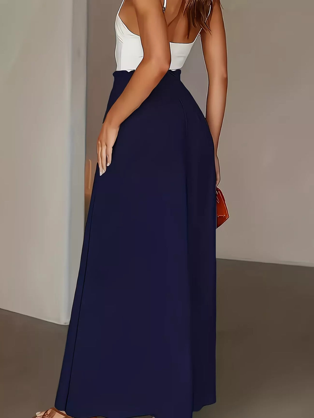 High-rise paper bag wide-leg pants with button front