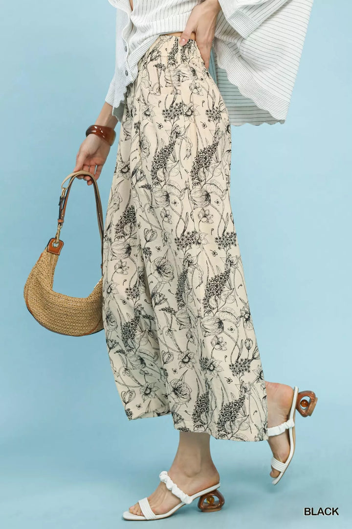 Wide-leg floral print pants with pleated elastic waist