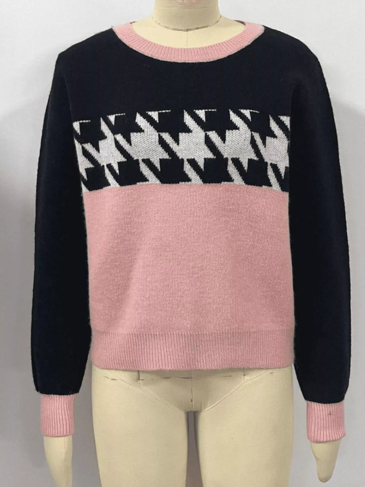 Color block houndstooth crew neck sweater