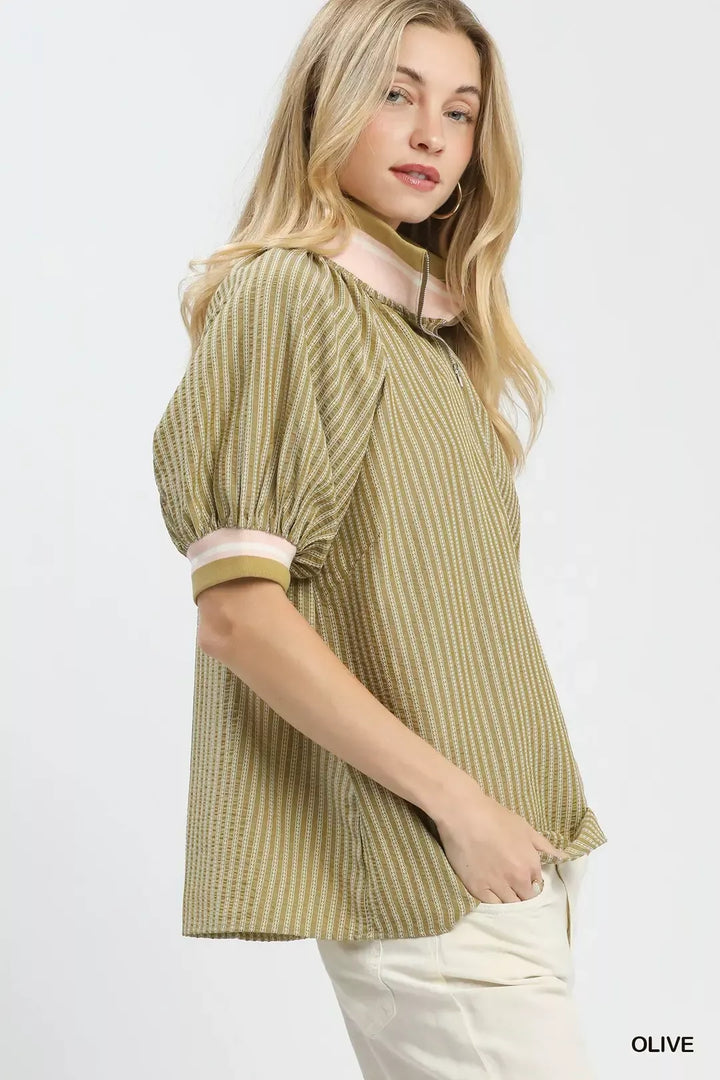 Botanical stripe half-zip blouse with puff sleeves