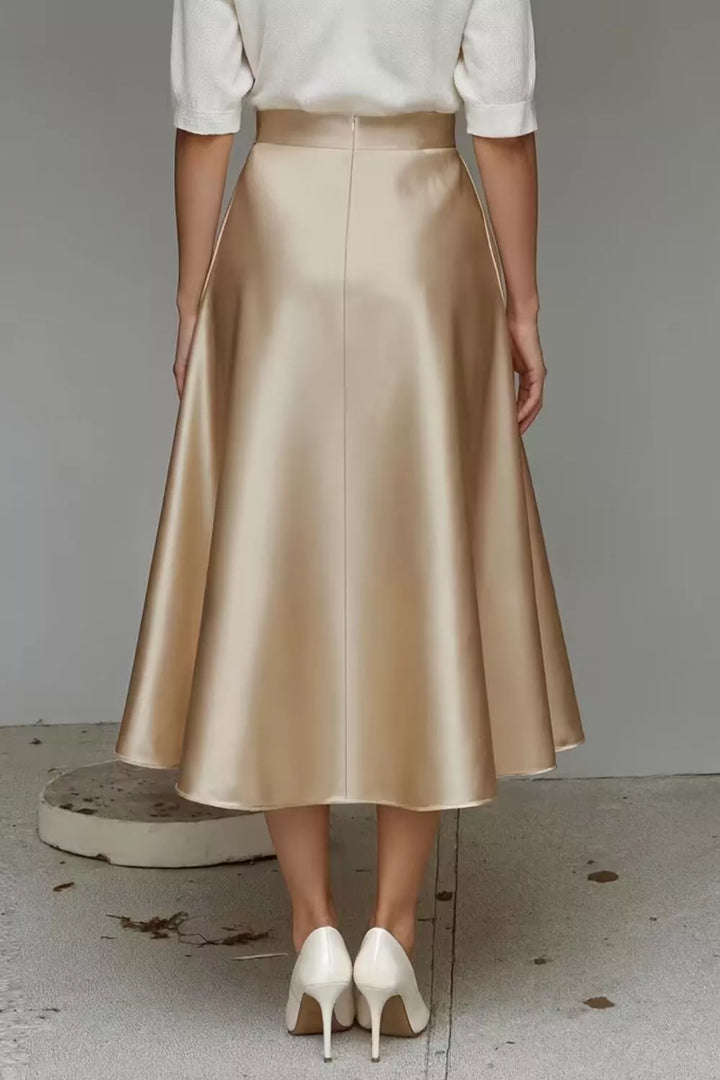 High-waist satin A-line midi skirt with pockets