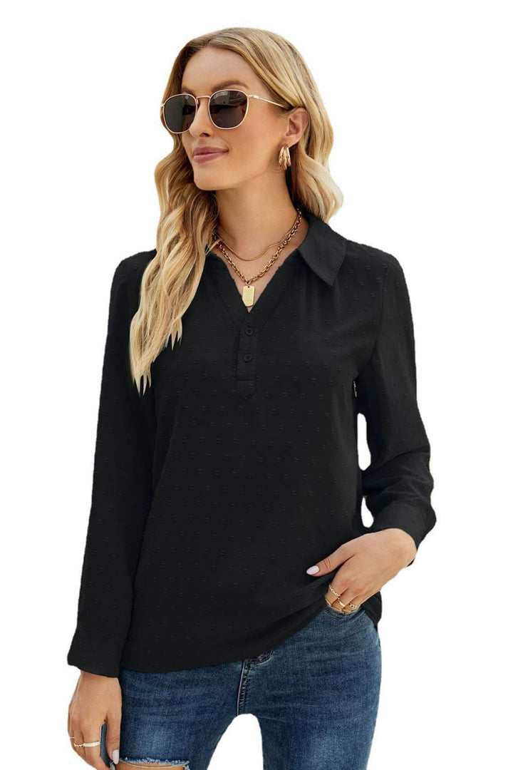 Swiss dot Johnny collar blouse with roll-tab long sleeves