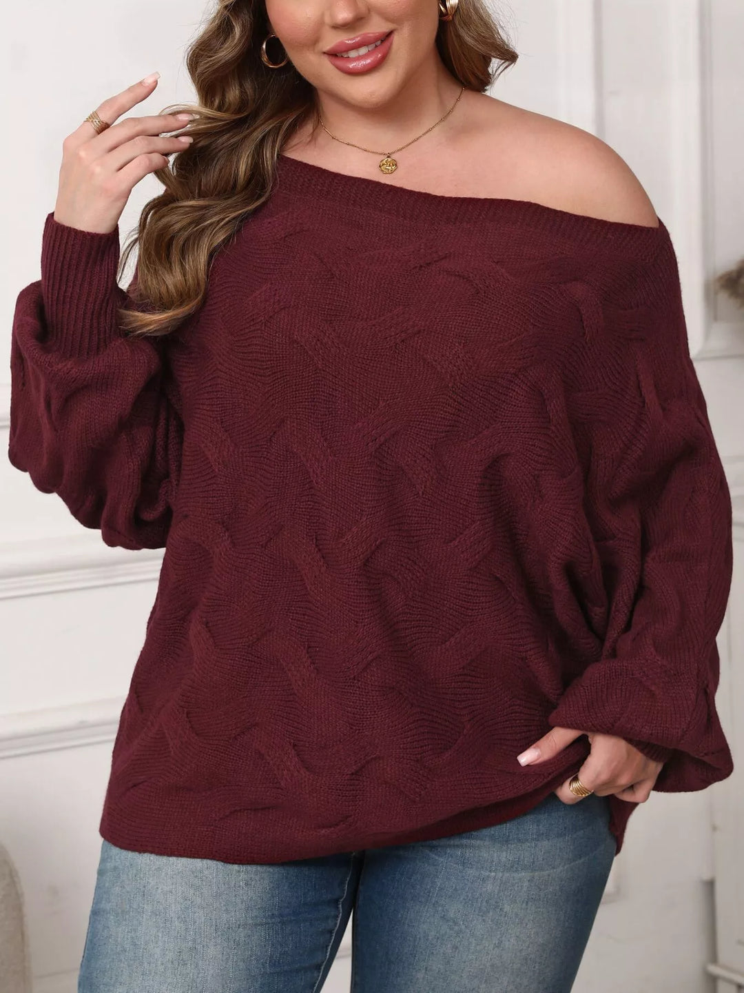 Textured cable knit off-shoulder sweater with batwing sleeves
