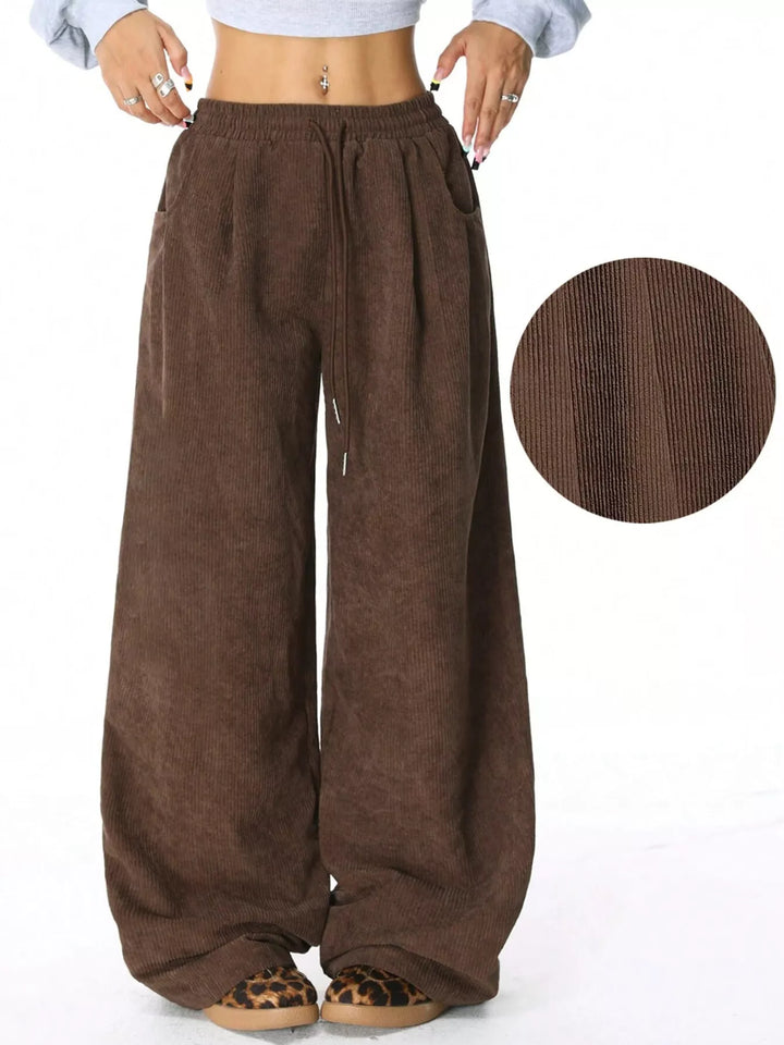 Wide-leg corduroy drawstring pants with pockets