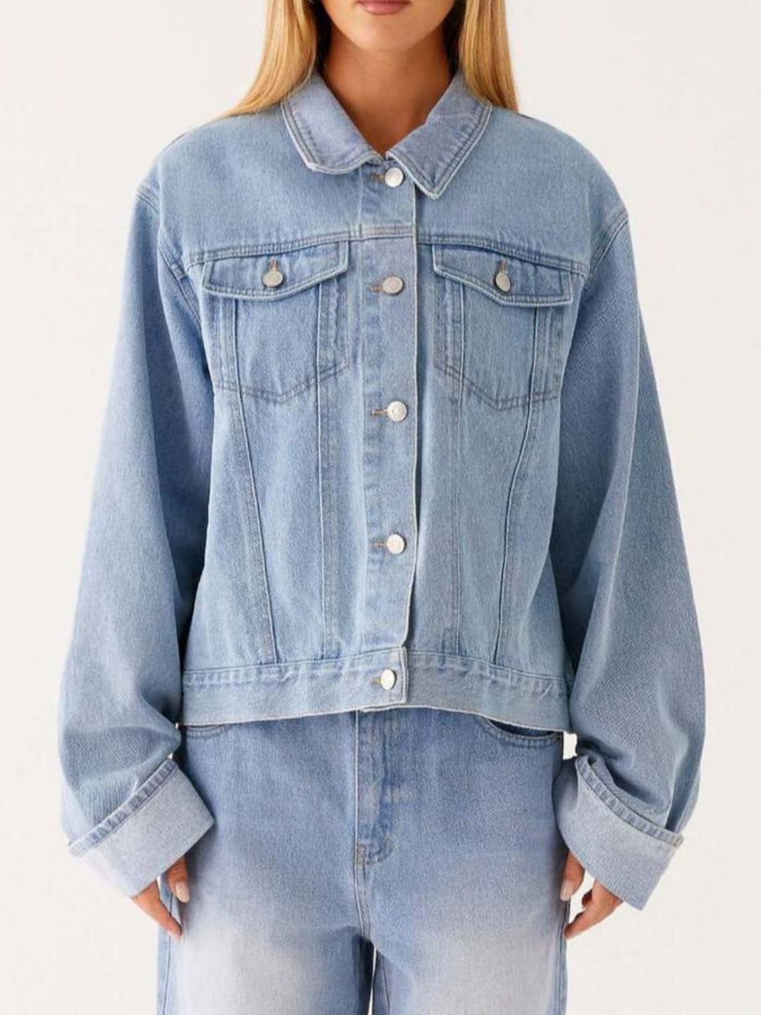 Oversized cropped denim jacket with chest flap pockets