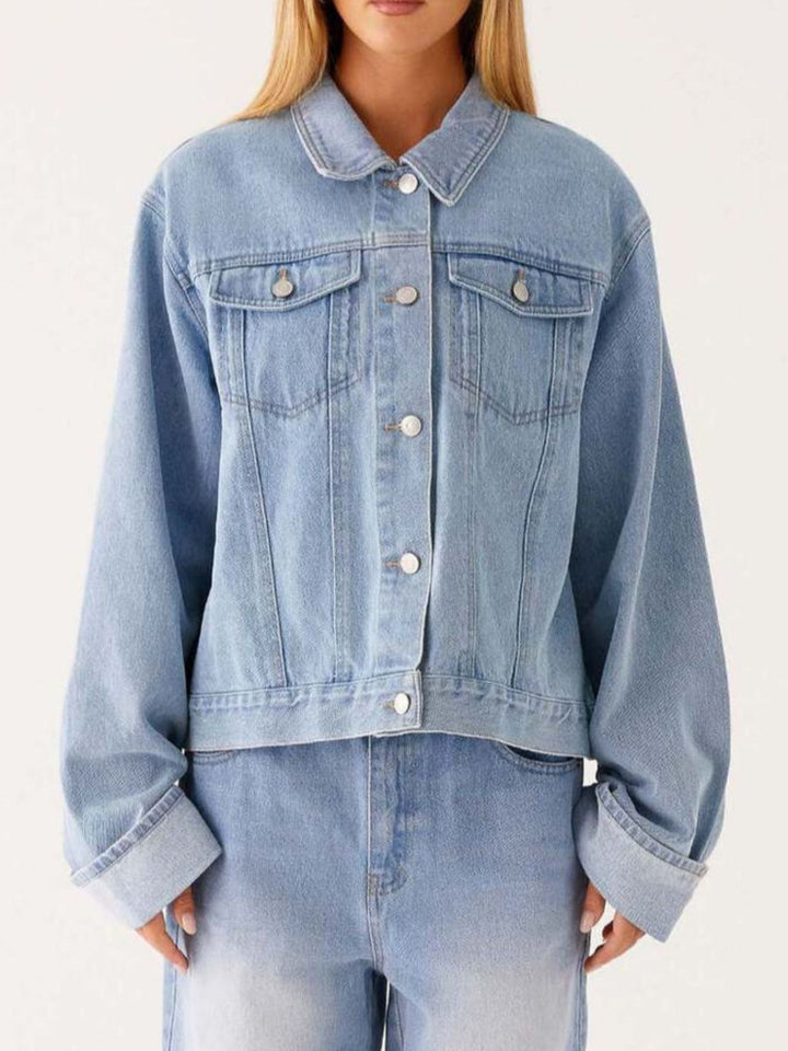 Oversized cropped denim jacket with chest flap pockets