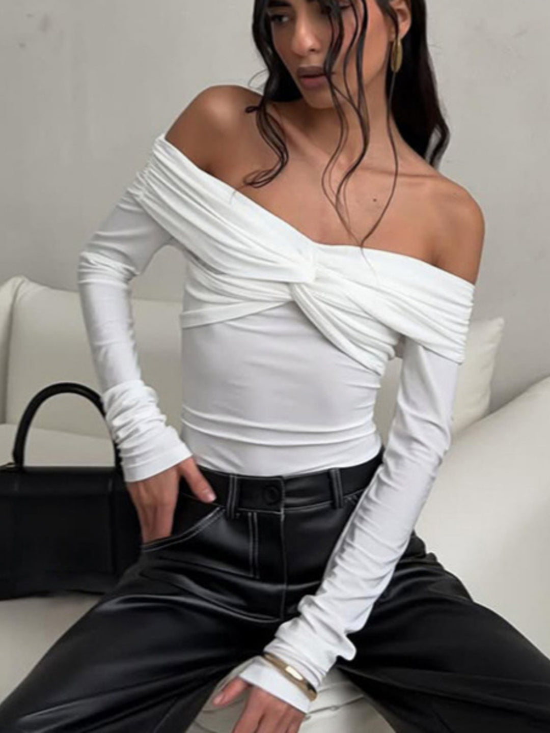 White Twist-front off-shoulder fitted long sleeve top