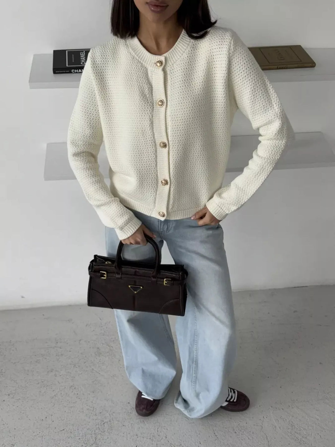 Textured waffle-knit button-up cardigan with gold buttons