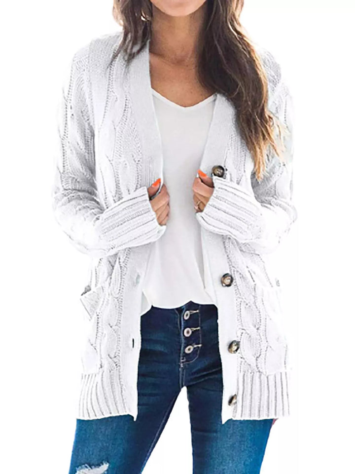 White Chunky cable knit button-down cardigan with pockets