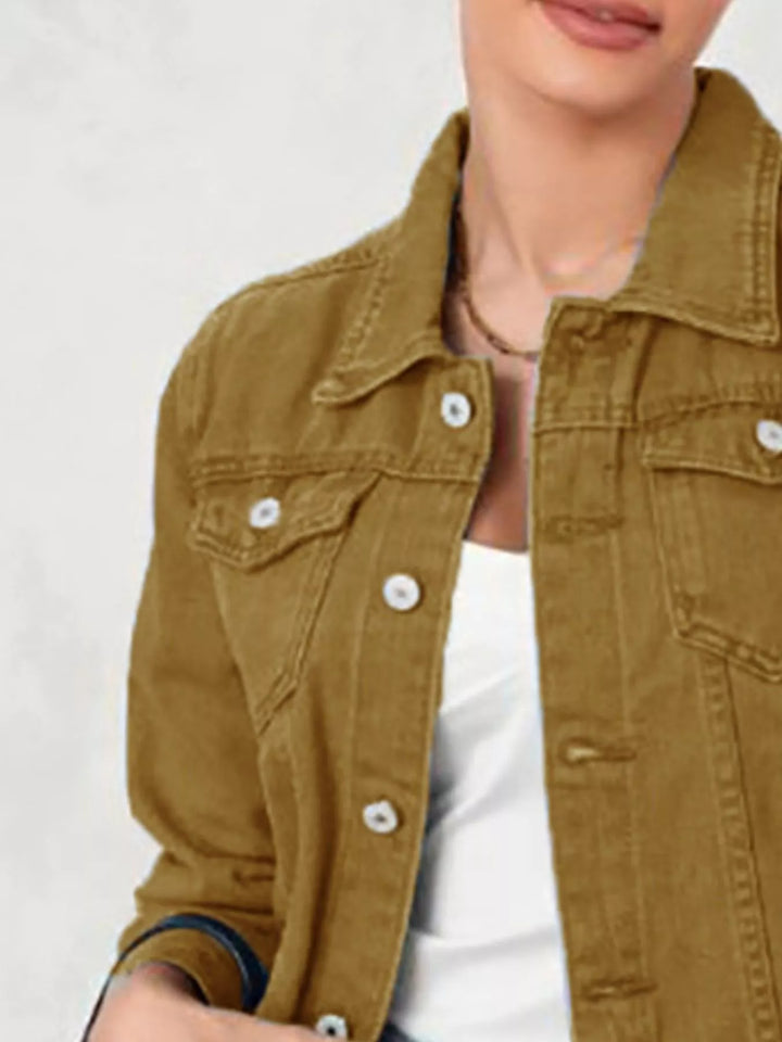 Cropped button-up denim trucker jacket with chest pockets