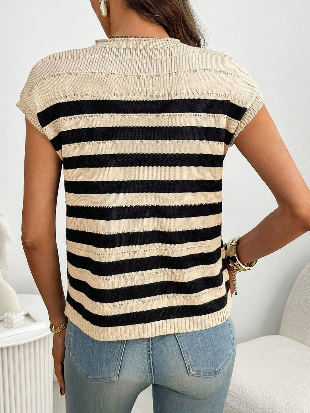 Striped knit cap sleeve top with patch pocket