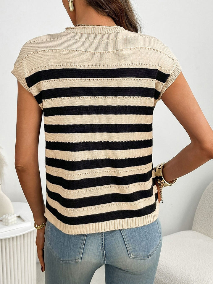 Striped knit cap sleeve top with patch pocket