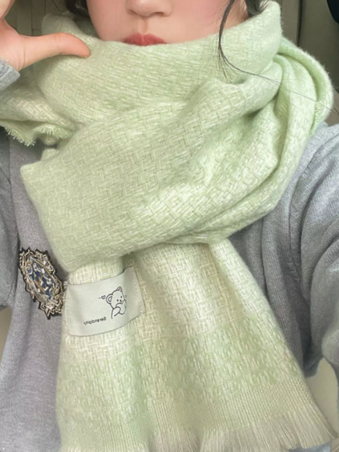 Green Basketweave texture oversized winter scarf with raw fringe hem