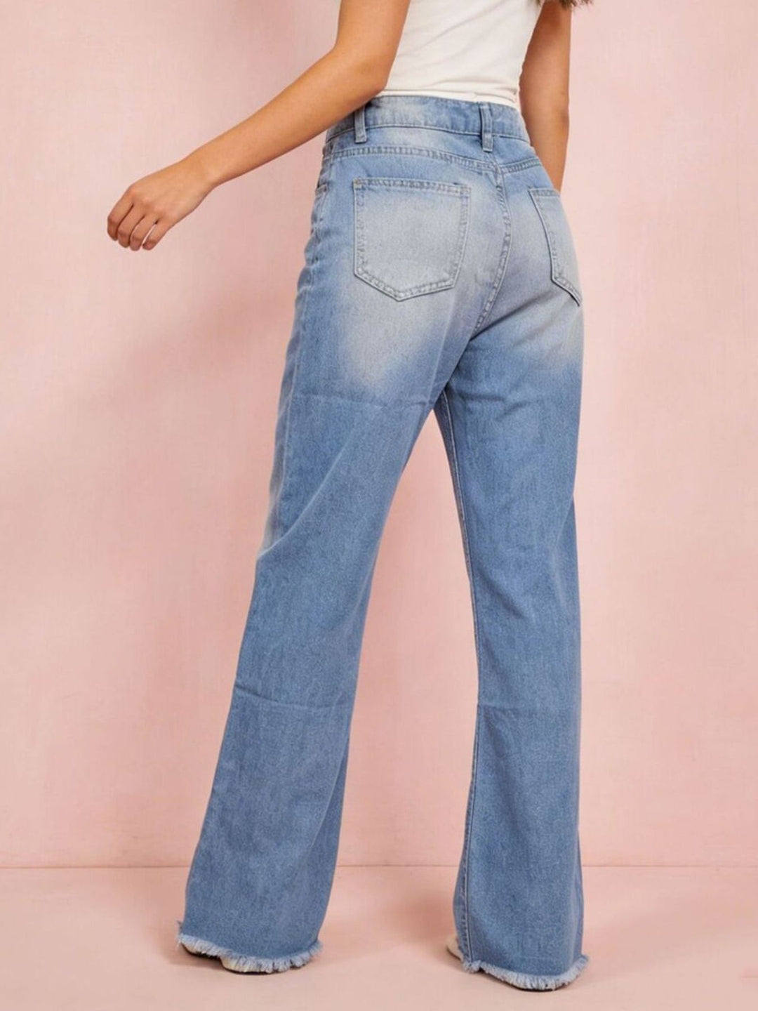 Distressed high-rise cropped bootcut jeans with raw hem