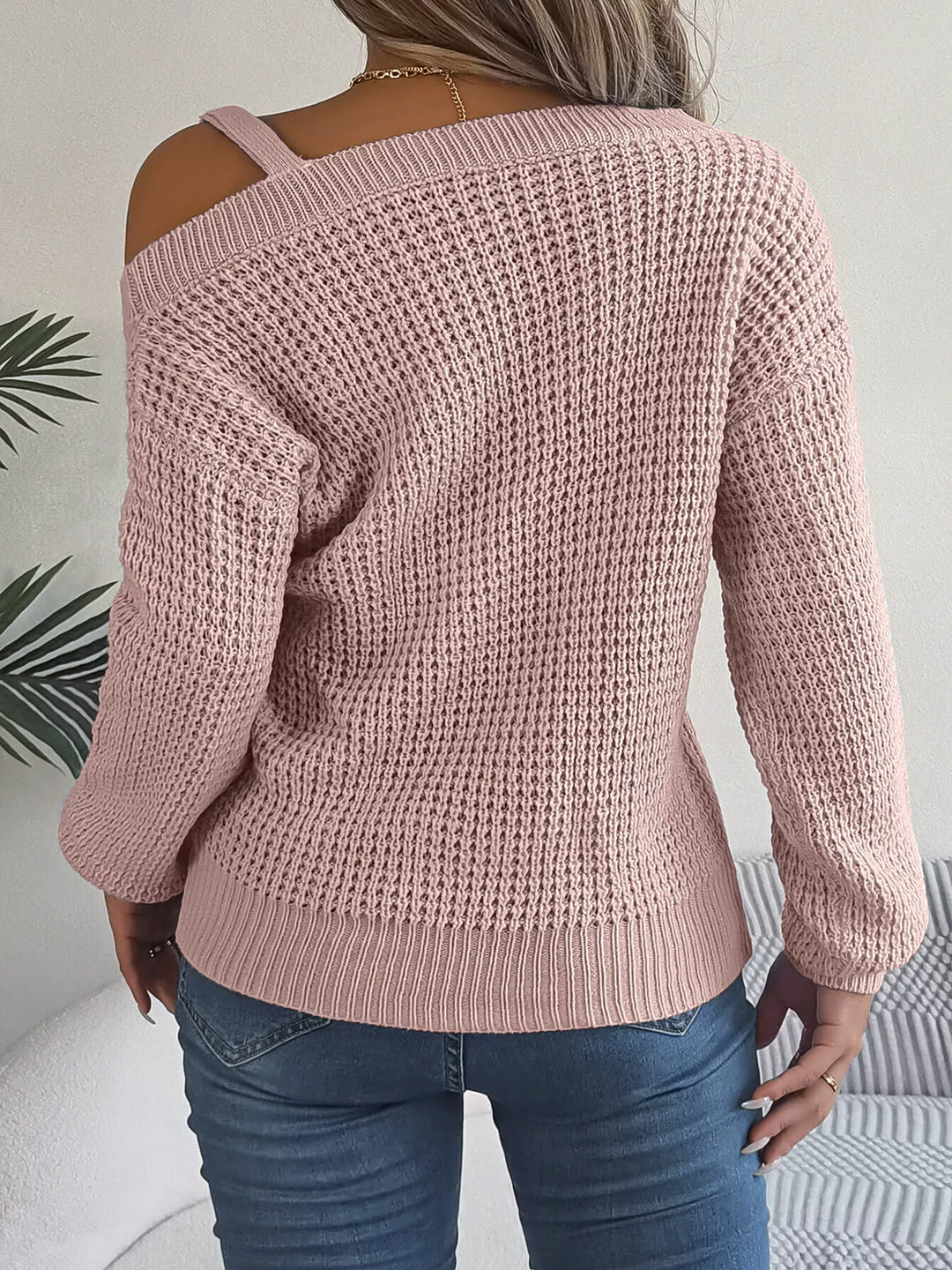 Asymmetrical cold-shoulder openwork knit sweater with chain strap
