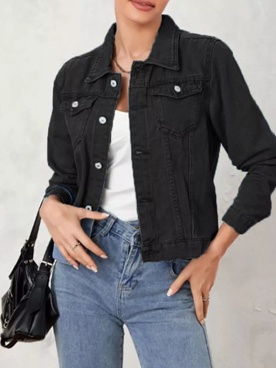 Black Cropped button-up denim trucker jacket with chest pockets