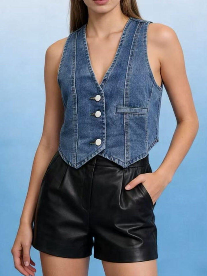 Cropped denim button-down vest with V-neckline