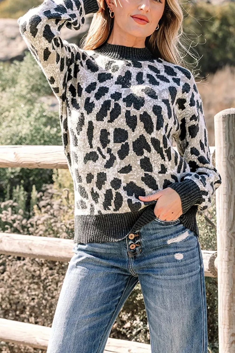Black Leopard print drop shoulder knit pullover sweater