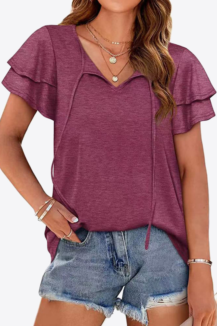 Wine Tiered flutter sleeve blouse with split tie neck